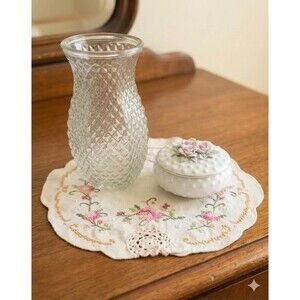 Vintage Lefton Trinket Box, Glass Vase, Embroidered Doily | Coquette Styling Set